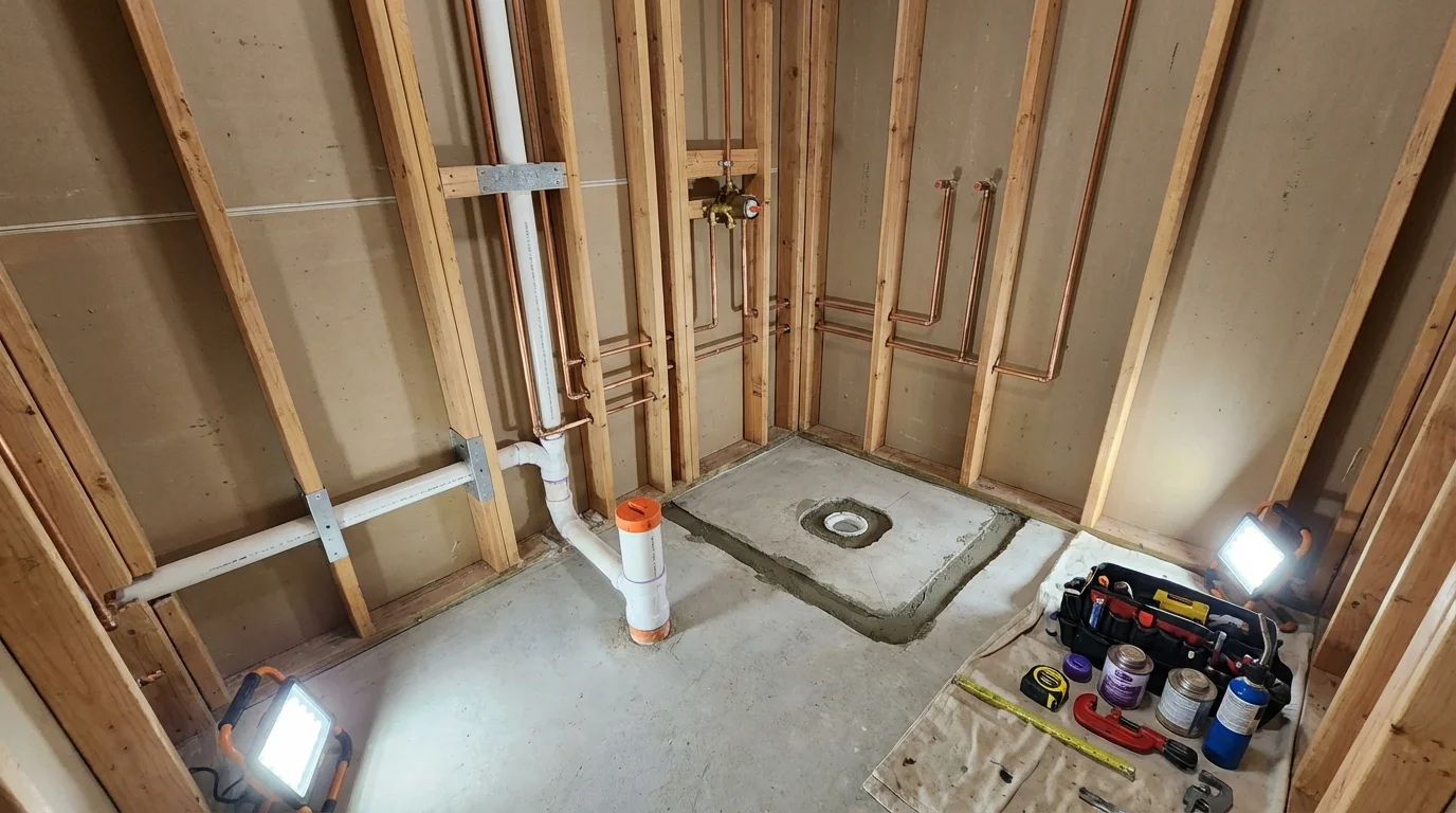 Bathroom rough-in plumbing during remodel by Johns Plumbing LLC in Nobleboro