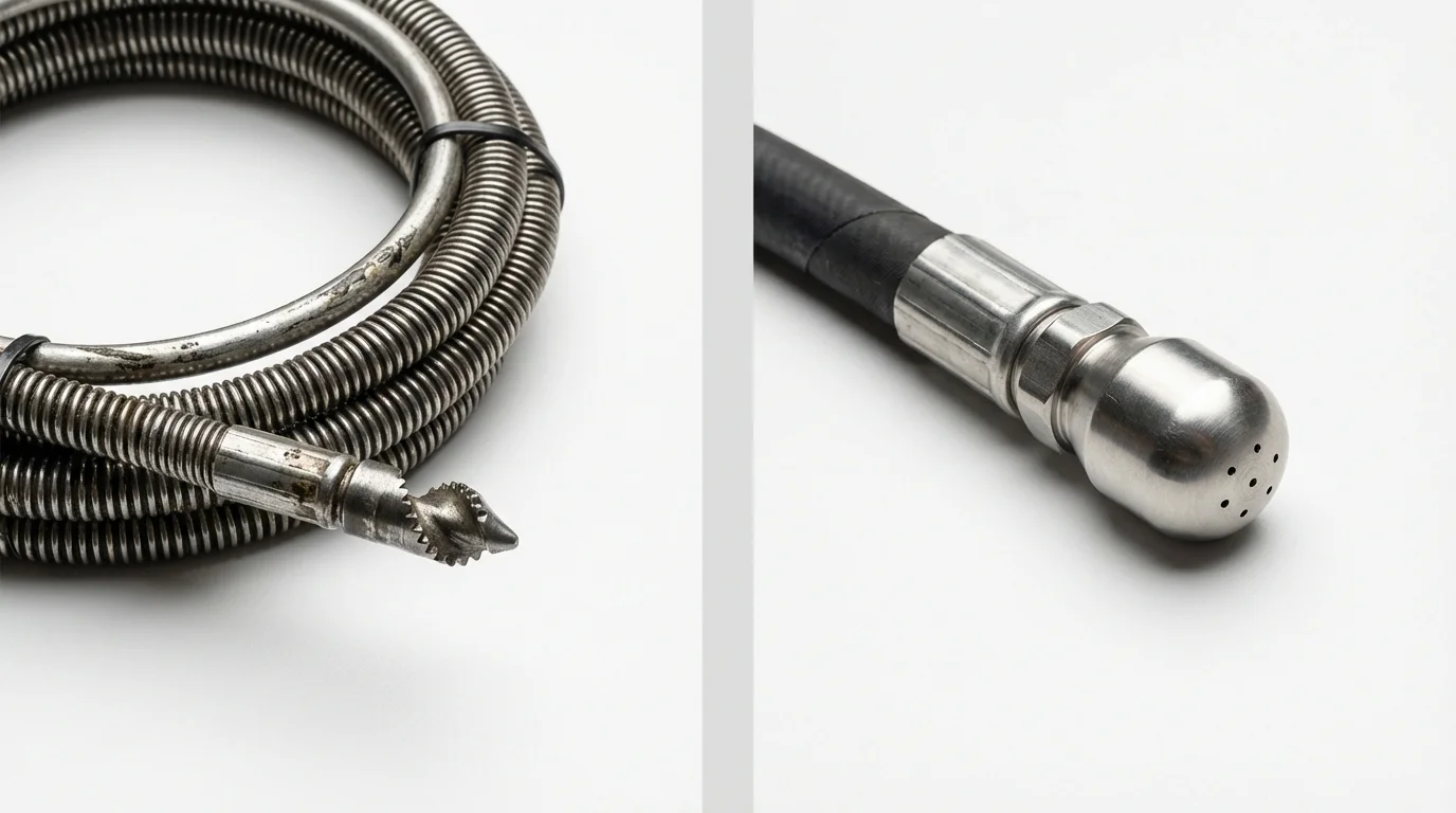 Drain snake cable and hydro jetting nozzle used for drain cleaning in Nobleboro, ME