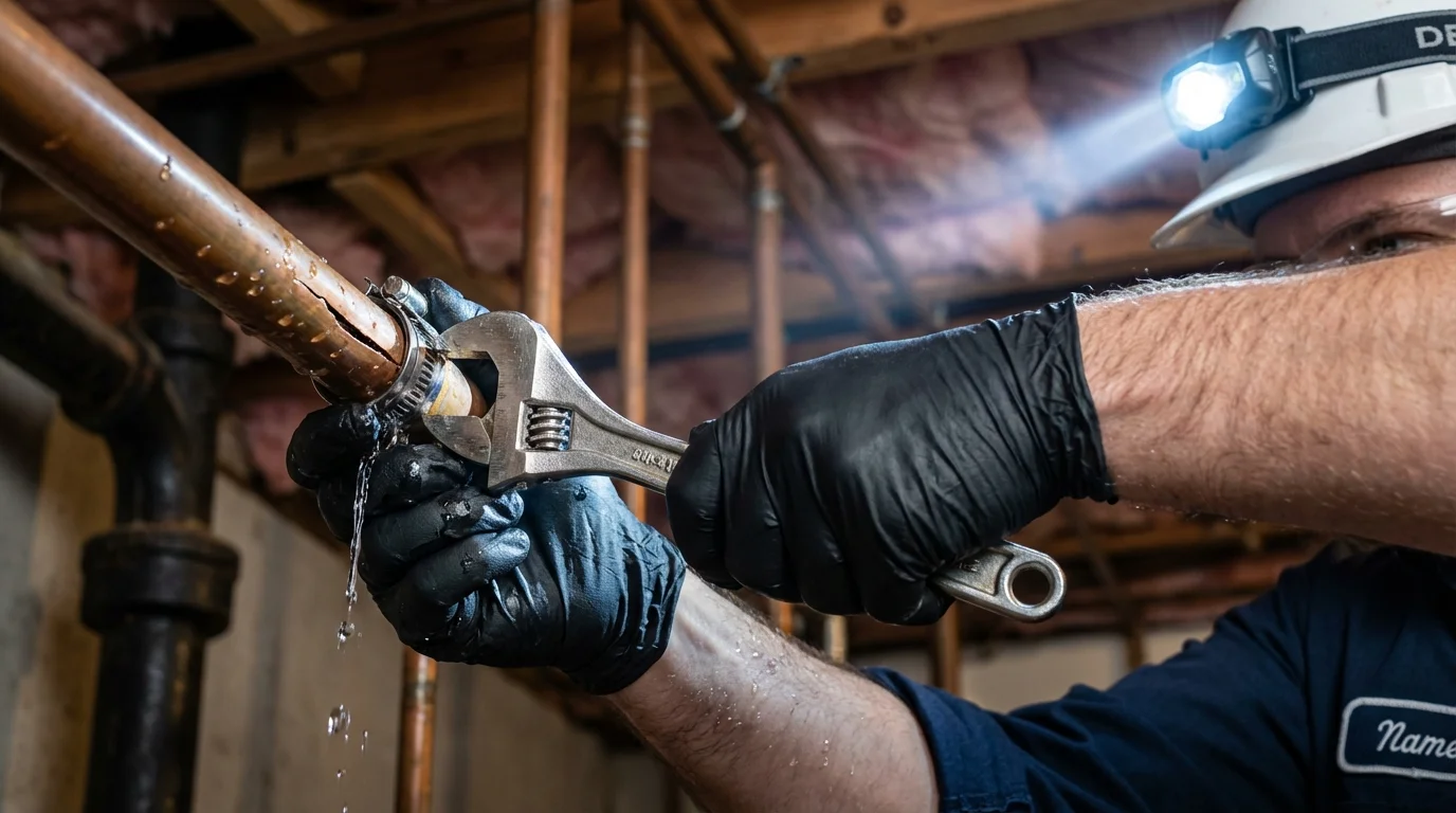 Emergency pipe clamp repair being performed by a Johns Plumbing LLC plumber in Nobleboro