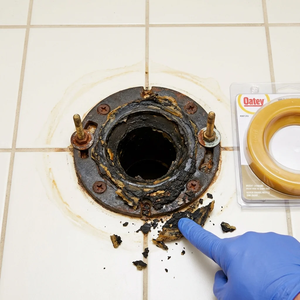 Failed wax ring showing water seepage at the base of a toilet in a Nobleboro, ME home