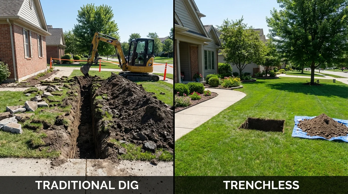 Trenchless sewer repair with minimal yard damage versus traditional excavation in Nobleboro, ME