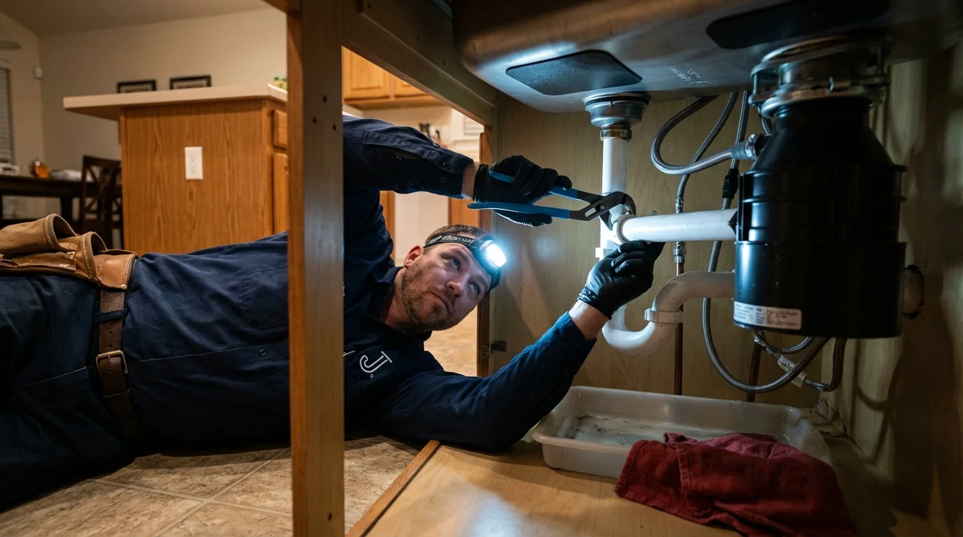 P-trap and supply line connections under a kitchen sink showing a common leak point in Nobleboro, ME